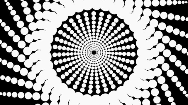 Hypnotic optical illusion animation, pulsating white dot vortex, abstract spiral tunnel background.