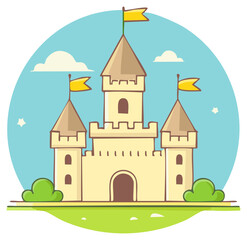 Naklejka premium Charming cartoon castle with towers and flags under a blue sky with clouds