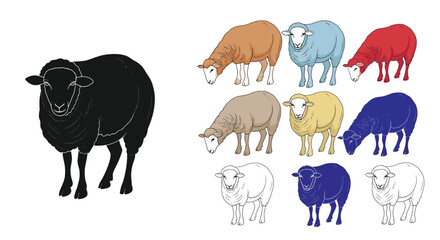 Fototapeta premium Illustration of sheep in different colors and styles, including black silhouette, outline, and colored versions