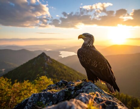 A majestic raptor perched atop a rocky summit, observing a breathtaking sunset over a range of forested mountains - Powered by Adobe