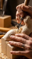 Fototapeta premium Close up of hands carving wood with a chisel, showcasing the intricate detail and delicate skill involved in creating a unique wooden sculpture