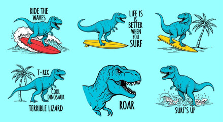 A collection of six surfing t-rex, stylized vector illustrations for t-shirt prints, each featuring a turquoise-blue Tyrannosaurus Rex dinosaur with a cool slogan, set against a Blue ocean background
