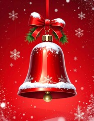 A shiny red bell, adorned with a bow and snow, hangs suspended against a gradient red backdrop with snowflakes
