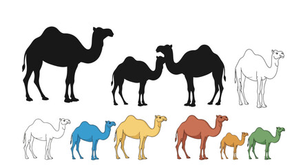 Illustration of a group of camels in different styles, showcasing their unique shapes and colors in a simple design