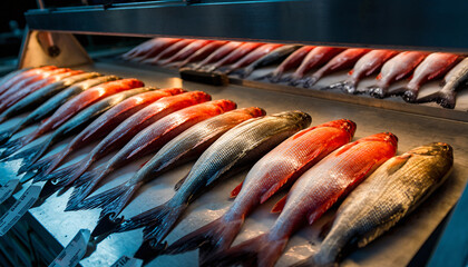 Fresh whole fish arranged in rows at seafood market display