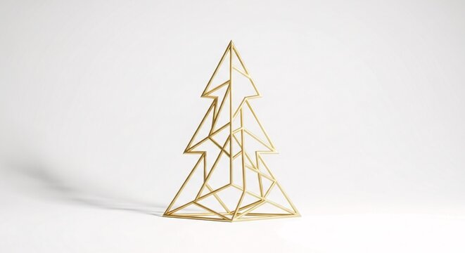 A modern minimalist golden geometric Christmas tree decoration on a clean white background, showcasing festive holiday design. - Powered by Adobe