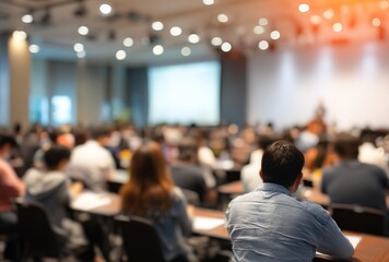 Meeting concept. Conference blur with business people training and learning. Coaching Concept with blurred background. Speaker talking to audience in hall during seminar event. Lecture series speech.