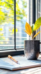 A pen and an open notebook sit on a surface, illuminated by sunlight filtering through window blinds, with a mug containing a small plant nearby.