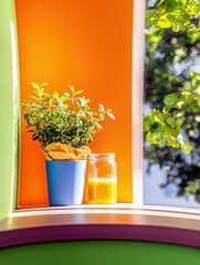 A small potted plant with green leaves sits next to a glass jar filled with yellow liquid on a windowsill, with an orange wall behind and greenery seen through