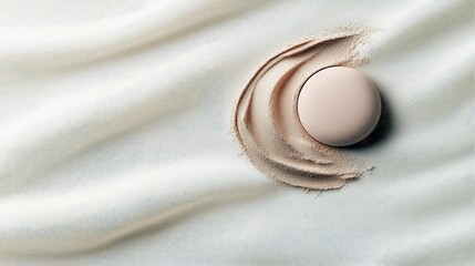 A makeup compact of pressed powder is placed on a soft, white fabric with a swirl of powder.