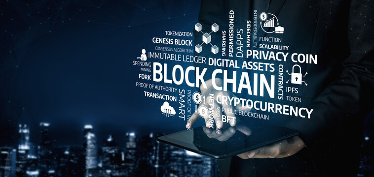 A futuristic representation of blockchain technology showcases its impact on digital assets and cryptocurrency, highlighting key concepts and hands-on application in a vibrant city. Tessel