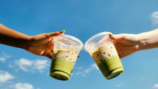 Women's hands holding takeaway cups with Freshly delicious pistachio matcha latte against blue sky. Dairy-free drink coffee with ice. Refreshment in summer heat, drink to go. Cafe and cafeteria ad
