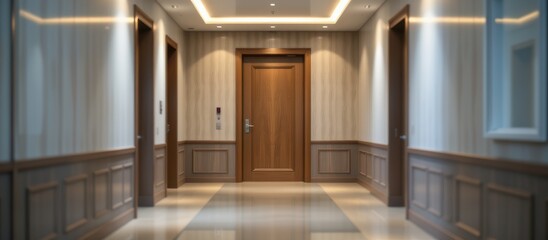 Modern hallway with wooden accents and elegant lighting.