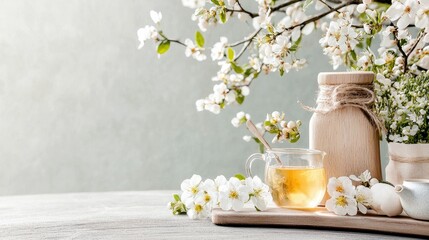 A tranquil arrangement featuring a glass of herbal tea, a wooden bottle, and blooming white flowers, evoking a sense of calm and nature.