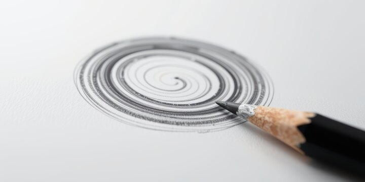 A pencil creates a spiral drawing on a blank sheet of paper.