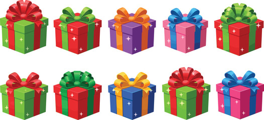 Colorful holiday gift boxes with shiny ribbons, festive wrapped presents for Christmas, birthdays, celebrations, party decorations, bright cheerful illustration