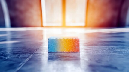 A single, rectangular gummy candy with a gradient of blue, yellow, and orange colors rests on a dark, reflective floor.