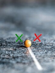 A golden ball is positioned between a green X and a red X on a textured surface with a white line.