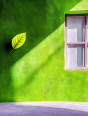 A bright green leaf is illuminated by sunlight, casting a shadow on a textured green wall next to a window.