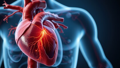 3D illustration of a human heart with visible veins and arteries in a transparent torso.