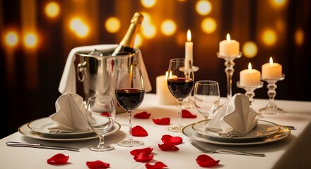 A romantic dinner table set for two with wine, champagne, candles, and red rose petals, creating a warm and intimate atmosphere.