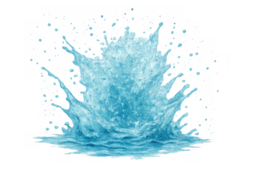 Blue water splash exploding with liquid drops, clear aqua ripples in fresh transparent background