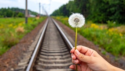 A person's hand holds a dandelion seedhead in focus. Railroad tracks stretch into a blurred background of green foliage