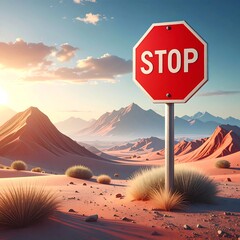 A red octagon road sign, "STOP," stands amidst a desert landscape with sunlit mountains, bushes, and a clear blue sky