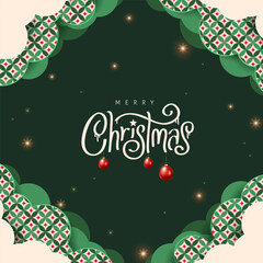 Christmas background featuring elegant typography, geometric pattern elements, hanging ornaments and glowing stars on dark green holiday backdrop for seasonal greeting and celebration design