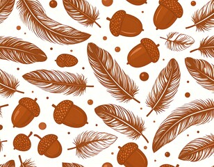 A repeating pattern on a white backdrop showcases brown feathers and acorns, along with small dots. The elements are detailed
