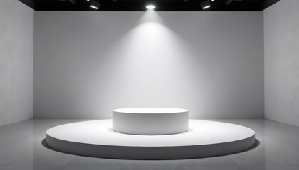 Empty stage with circular platform and spotlight in minimalist design.