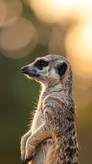 A solitary meerkat stands upright, observing its surroundings. The creature is bathed in warm light, with a blurred, golden background