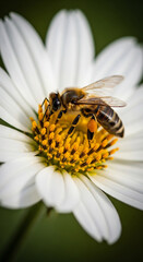 Obraz premium A honeybee diligently collects golden pollen from the vibrant yellow center of a beautiful white daisy flower, an essential moment of natural pollination in a bright garden