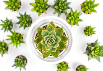Overhead view of vibrant green succulent in white pot on white background, pot, home decor