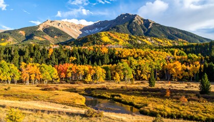 A scenic mountainous landscape captures autumnal colors. Yellows, reds, and greens meet a snow-capped peak. A small stream winds through