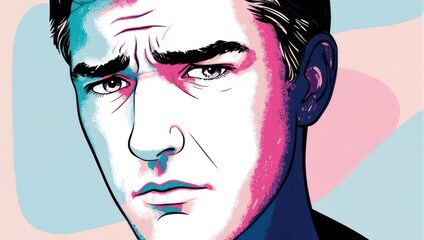 Close-up portrait of a man with a serious expression, rendered in a pop art style with vibrant colors and strong lines.
