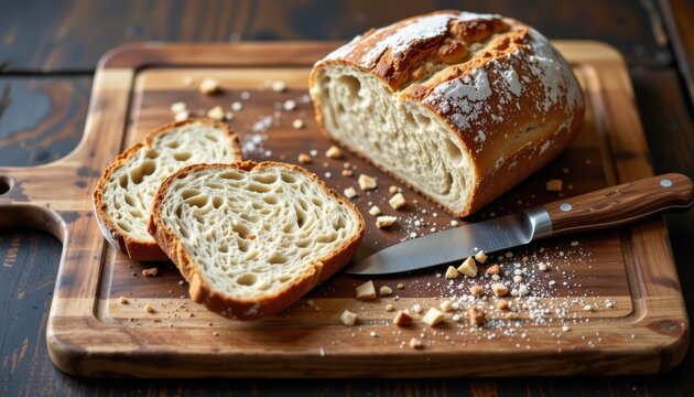 Freshly sliced bread on a wooden cutting board with crumbs and a knife nearby.