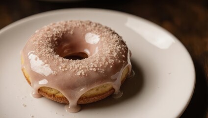 Delicious glazed donut with sprinkles on a white plate.