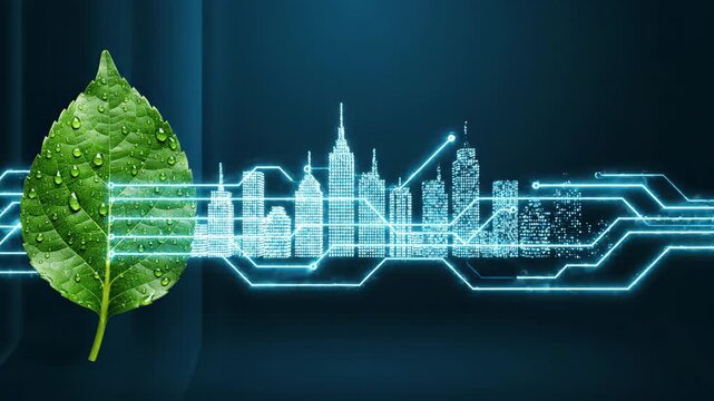 Green leaf with water droplets and digital circuit lines merging into a futuristic city skyline on a dark blue background, symbolizing technology and nature integration at night: eco-friendly - Powered by Adobe