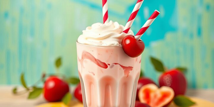Thick creamy milkshake, bright cherry, striped straw, vibrant background, vibrant, red