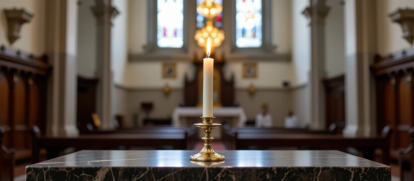 A candle on an altar in a beautifully lit church interior.
