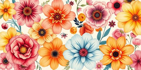 Whimsical floral collage, hand-drawn blooms in warm hues, abstract artistic style,  template,  spring