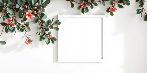 Fototapeta premium White frame mockup on minimalist wall, eucalyptus branches , decoration, home decor