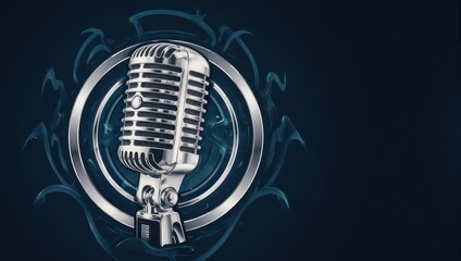 Vintage Microphone on a Dark Background with Circular Emblem.