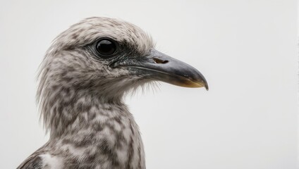 Close-up profile of a young seagull with speckled grey and white feathers.