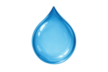 Blue water drop representing a concept of clean liquid, purity, freshness, and hydration, on transparent background