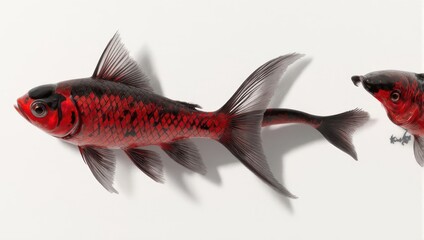 Red and Black Goldfish Swimming in a White Background.