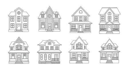 Fototapeta premium Diverse collection of single family home illustrations in a modern sketchy artistic style.