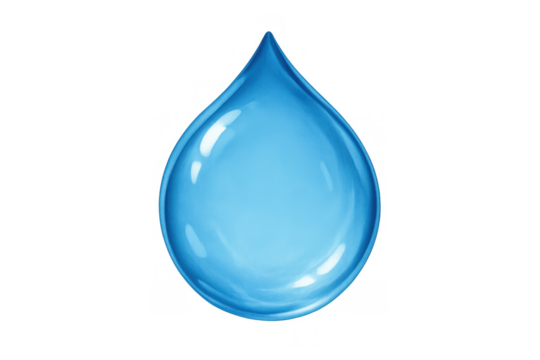 Blue water drop representing a concept of clean liquid, purity, freshness, and hydration, on transparent background