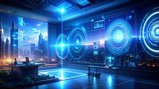 Futuristic Office Interface with Skyline View, Illuminated Technologies in Action